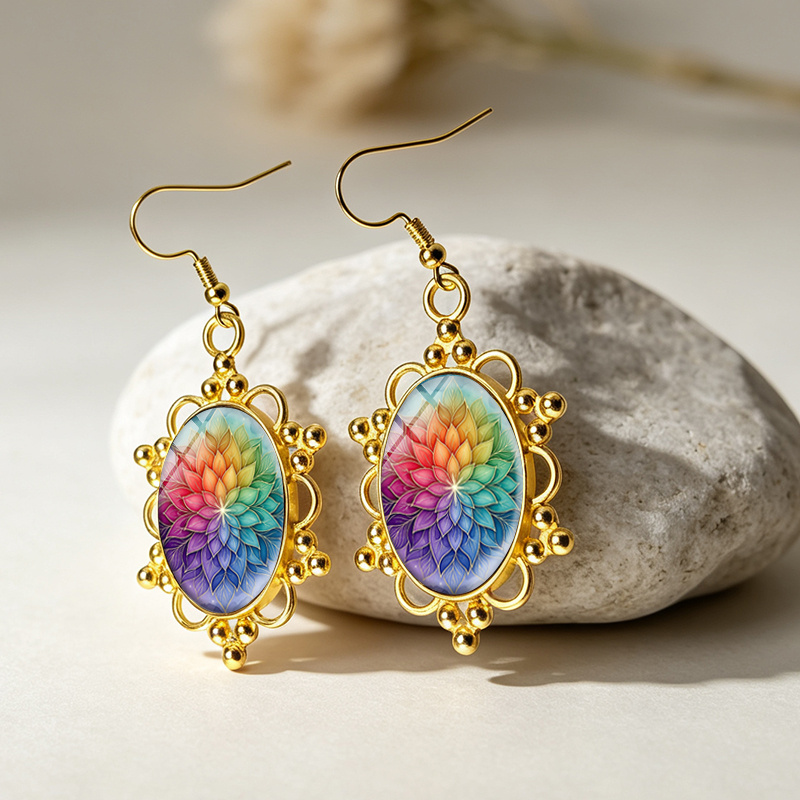 Rainbow Mandala Dangle Earrings, Unisex Gift
